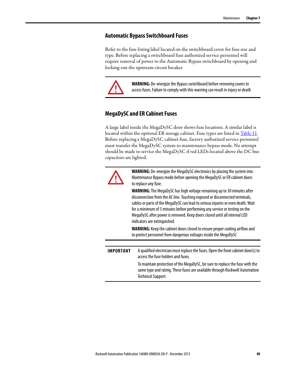Automatic bypass switchboard fuses, Megadysc and er cabinet fuses, Technical specifications | Rockwell Automation 1608M MegaDySC User Manual, 800 Amp - 208V User Manual | Page 49 / 54