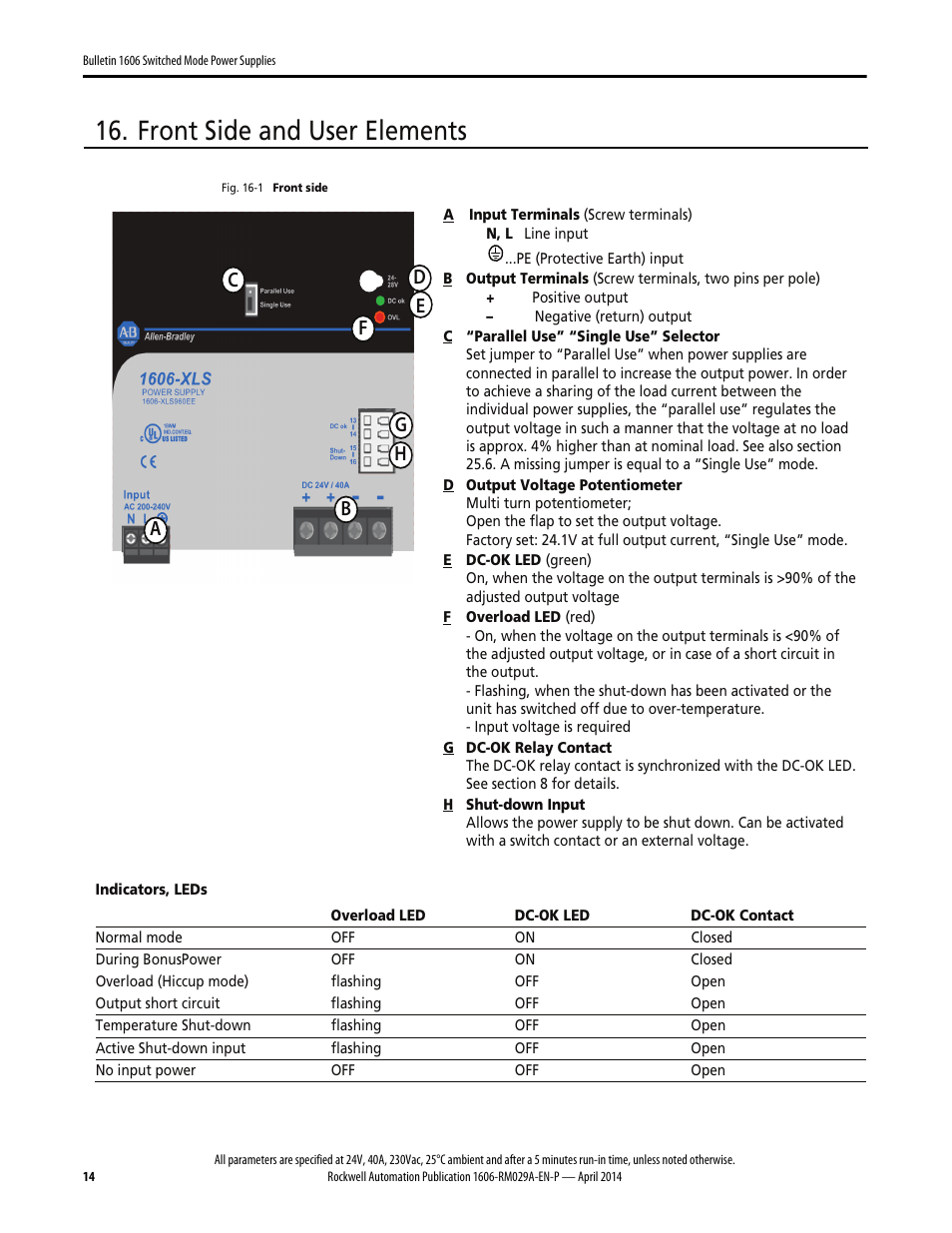 Front side and user elements | Rockwell Automation 1606-XLS960EE Power Supply Reference Manual User Manual | Page 14 / 28