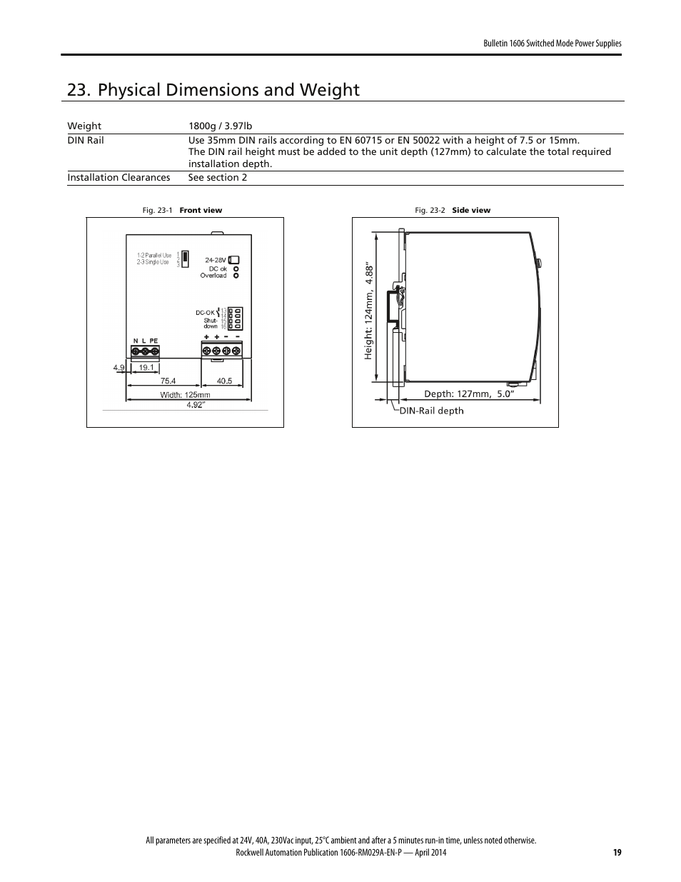 Physical dimensions and weight | Rockwell Automation 1606-XLS960EE Power Supply Reference Manual User Manual | Page 19 / 28