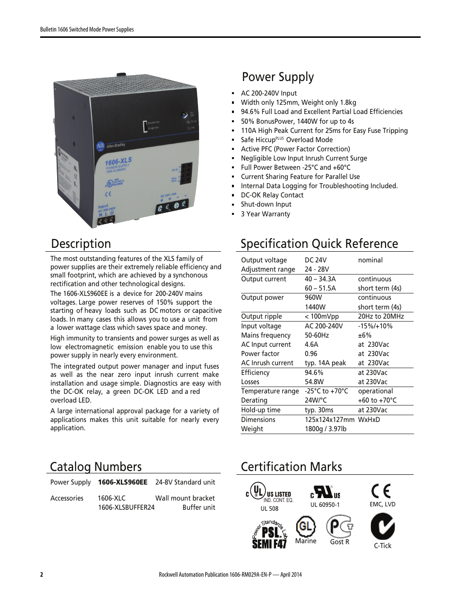 Power supply, Description, Specification quick reference | Catalog numbers, Certification marks | Rockwell Automation 1606-XLS960EE Power Supply Reference Manual User Manual | Page 2 / 28