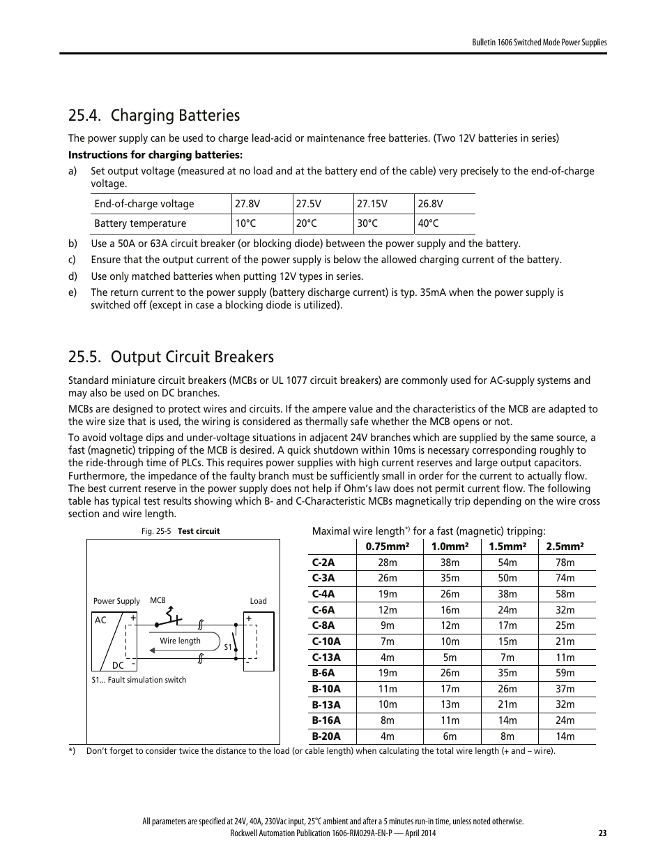 Charging batteries, Output circuit breakers | Rockwell Automation 1606-XLS960EE Power Supply Reference Manual User Manual | Page 23 / 28