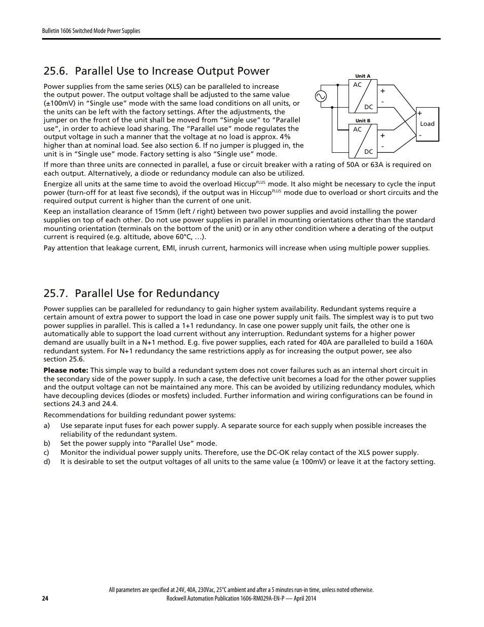 Parallel use to increase output power, Parallel use for redundancy | Rockwell Automation 1606-XLS960EE Power Supply Reference Manual User Manual | Page 24 / 28