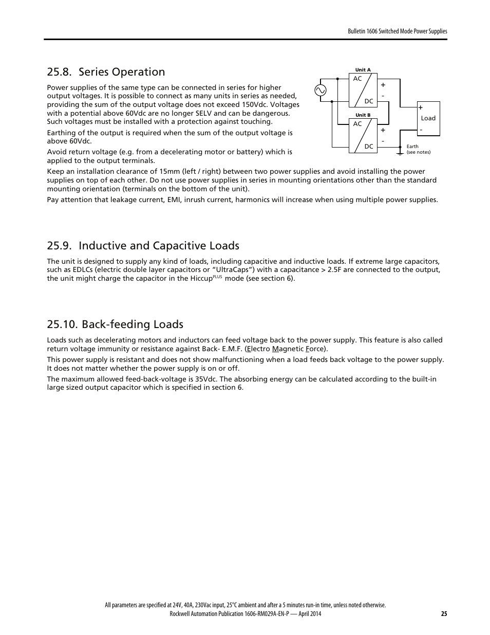 Series operation, Inductive and capacitive loads, Back-feeding loads | Rockwell Automation 1606-XLS960EE Power Supply Reference Manual User Manual | Page 25 / 28