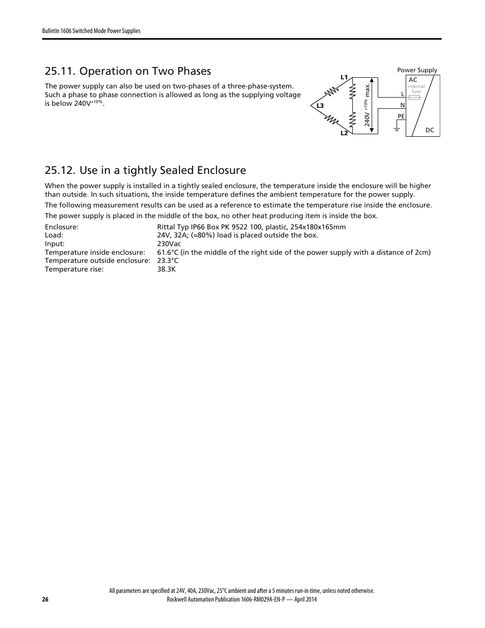 Operation on two phases, Use in a tightly sealed enclosure | Rockwell Automation 1606-XLS960EE Power Supply Reference Manual User Manual | Page 26 / 28