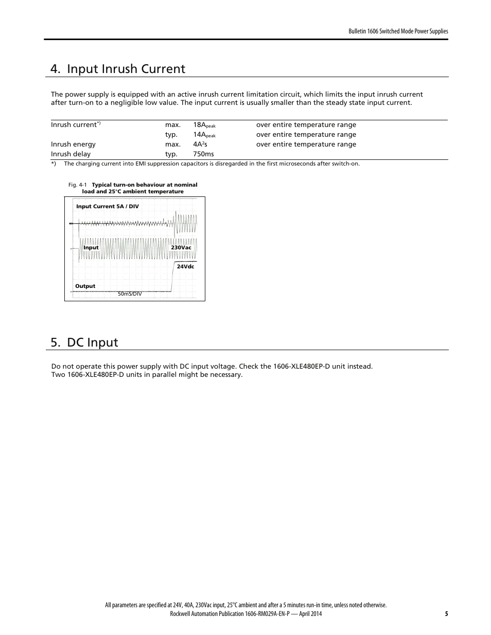 Input inrush current, Dc input | Rockwell Automation 1606-XLS960EE Power Supply Reference Manual User Manual | Page 5 / 28