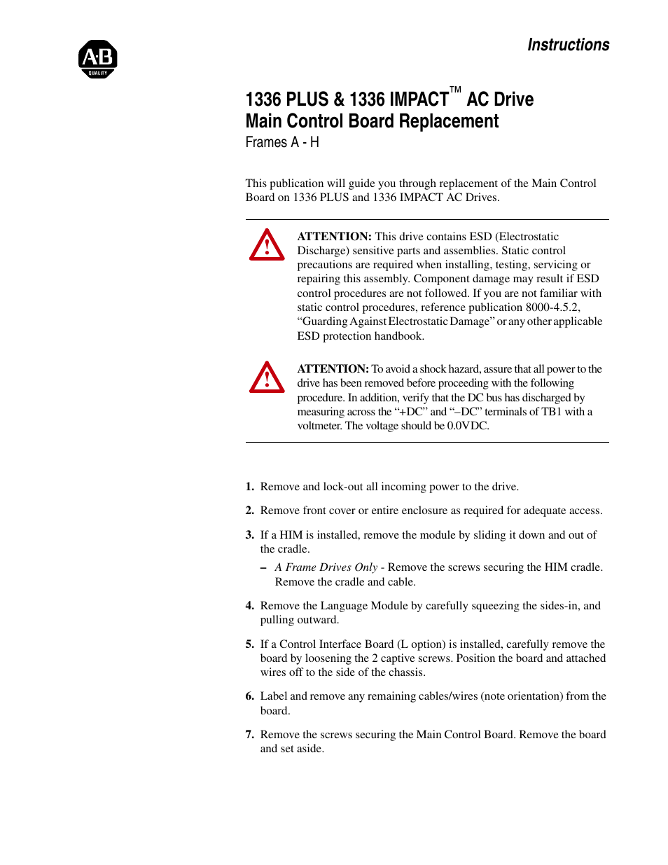 Rockwell Automation 1336S Main Control Board Replacement - PLUS/IMPACT User Manual | 2 pages