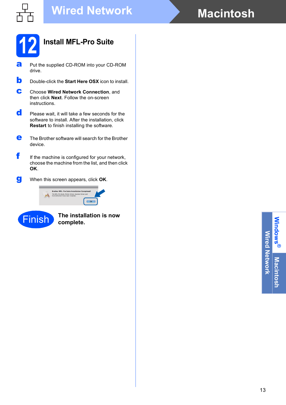 12 install mfl-pro suite, Macintosh wired network, Finish | Brother DCP-377CW User Manual | Page 13 / 28