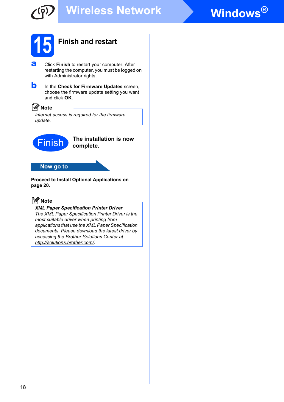 15 finish and restart, Windows, Wireless network | Finish | Brother DCP-377CW User Manual | Page 18 / 28