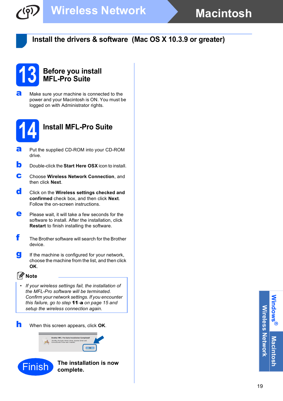 13 before you install mfl-pro suite, 14 install mfl-pro suite, Macintosh wireless network | Finish | Brother DCP-377CW User Manual | Page 19 / 28