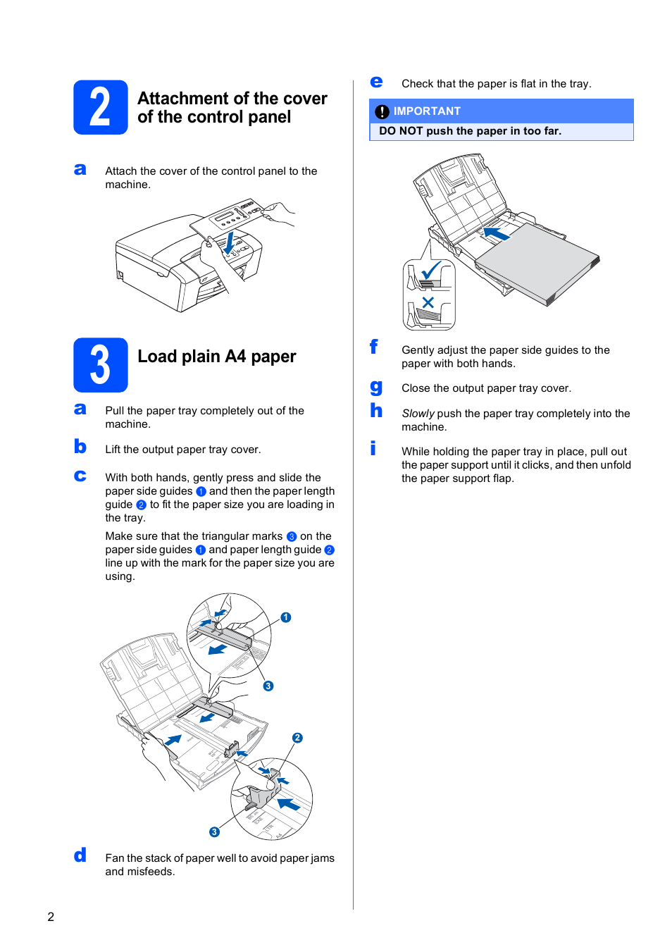 2 attachment of the cover of the control panel, 3 load plain a4 paper, Attachment of the cover of the control panel | Load plain a4 paper | Brother DCP-377CW User Manual | Page 2 / 28