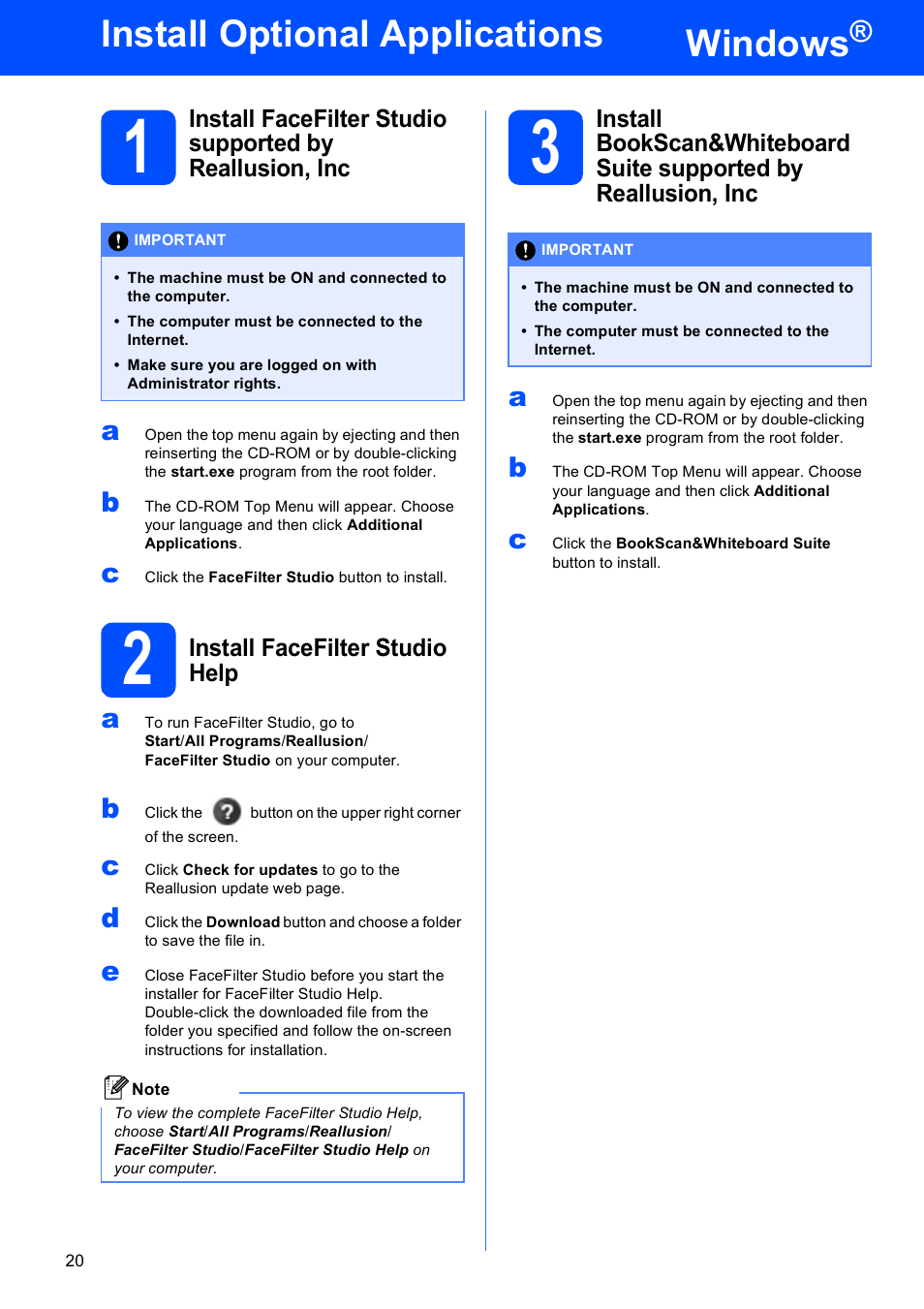 Install optional applications windows, 2 install facefilter studio help, Windows | Install optional applications | Brother DCP-377CW User Manual | Page 20 / 28