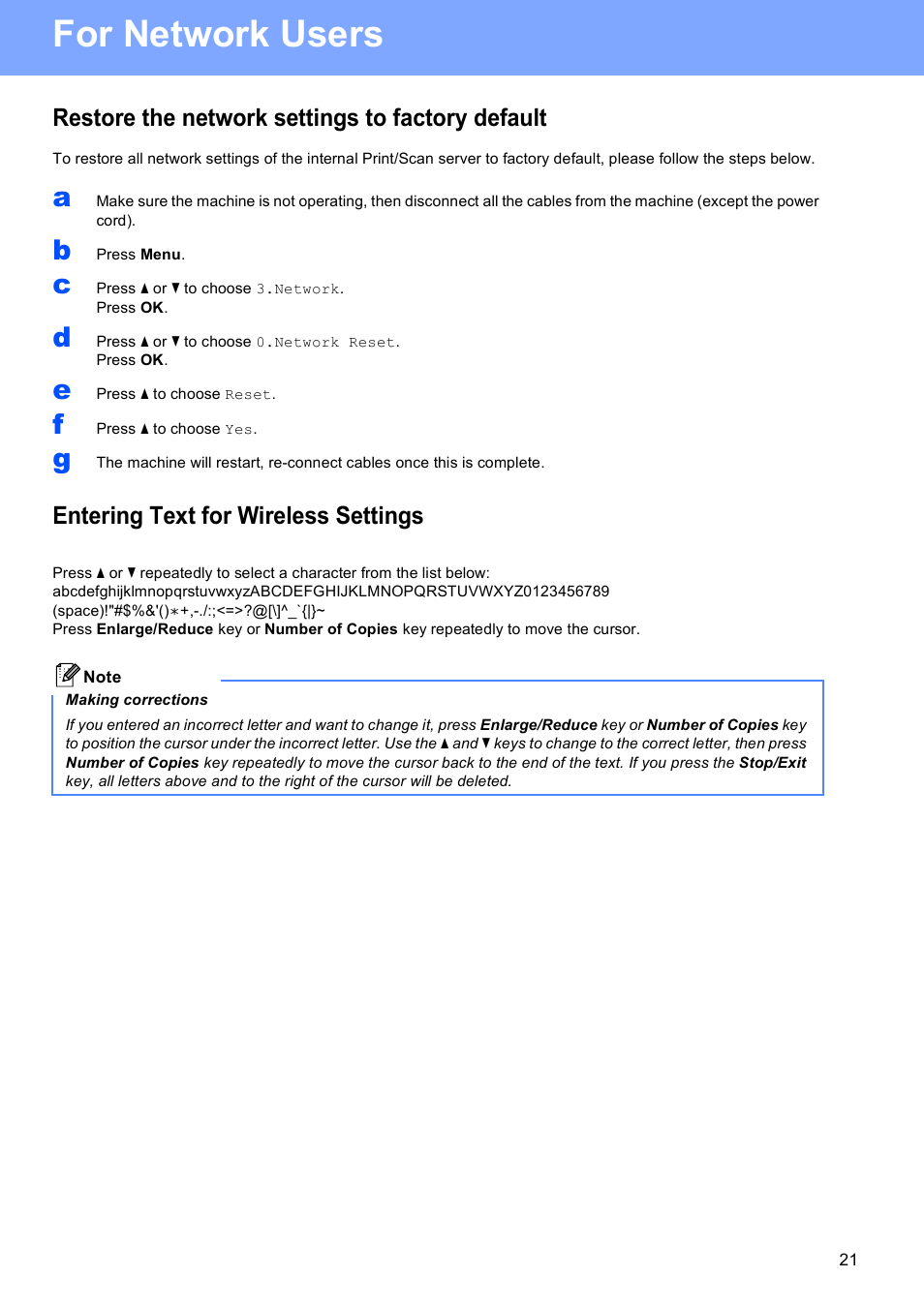 For network users, Restore the network settings to factory default, Entering text for wireless settings | Brother DCP-377CW User Manual | Page 21 / 28
