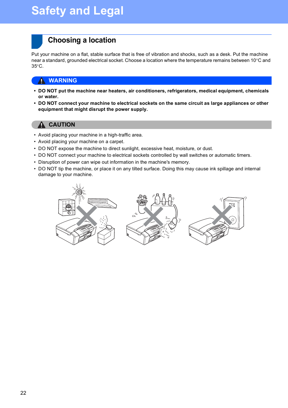 Safety and legal, Choosing a location | Brother DCP-377CW User Manual | Page 22 / 28