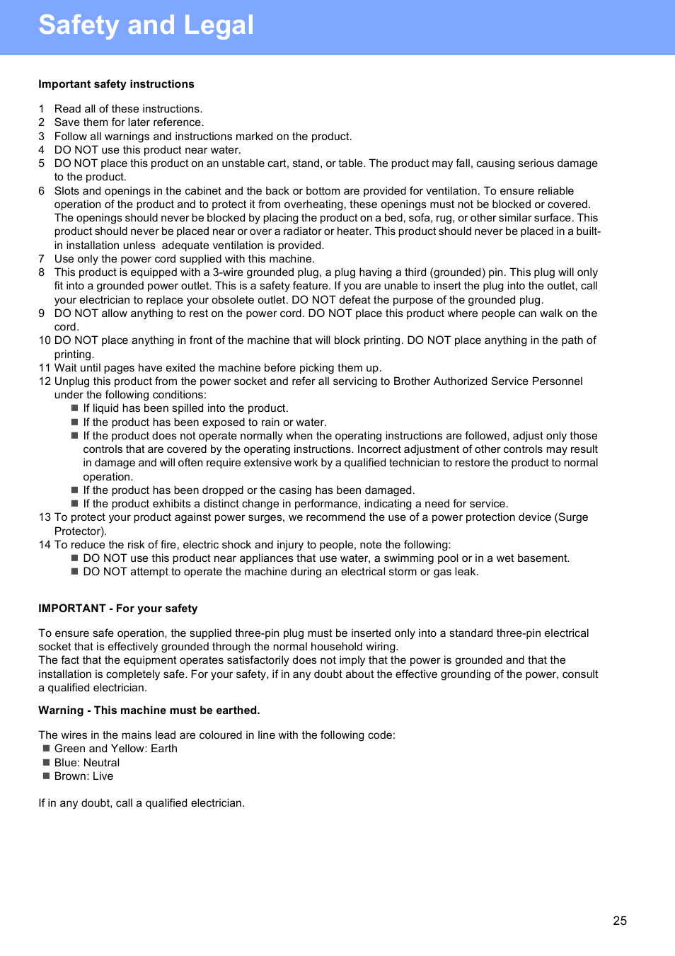 Important safety instructions, Important - for your safety, Warning - this machine must be earthed | Safety and legal | Brother DCP-377CW User Manual | Page 25 / 28