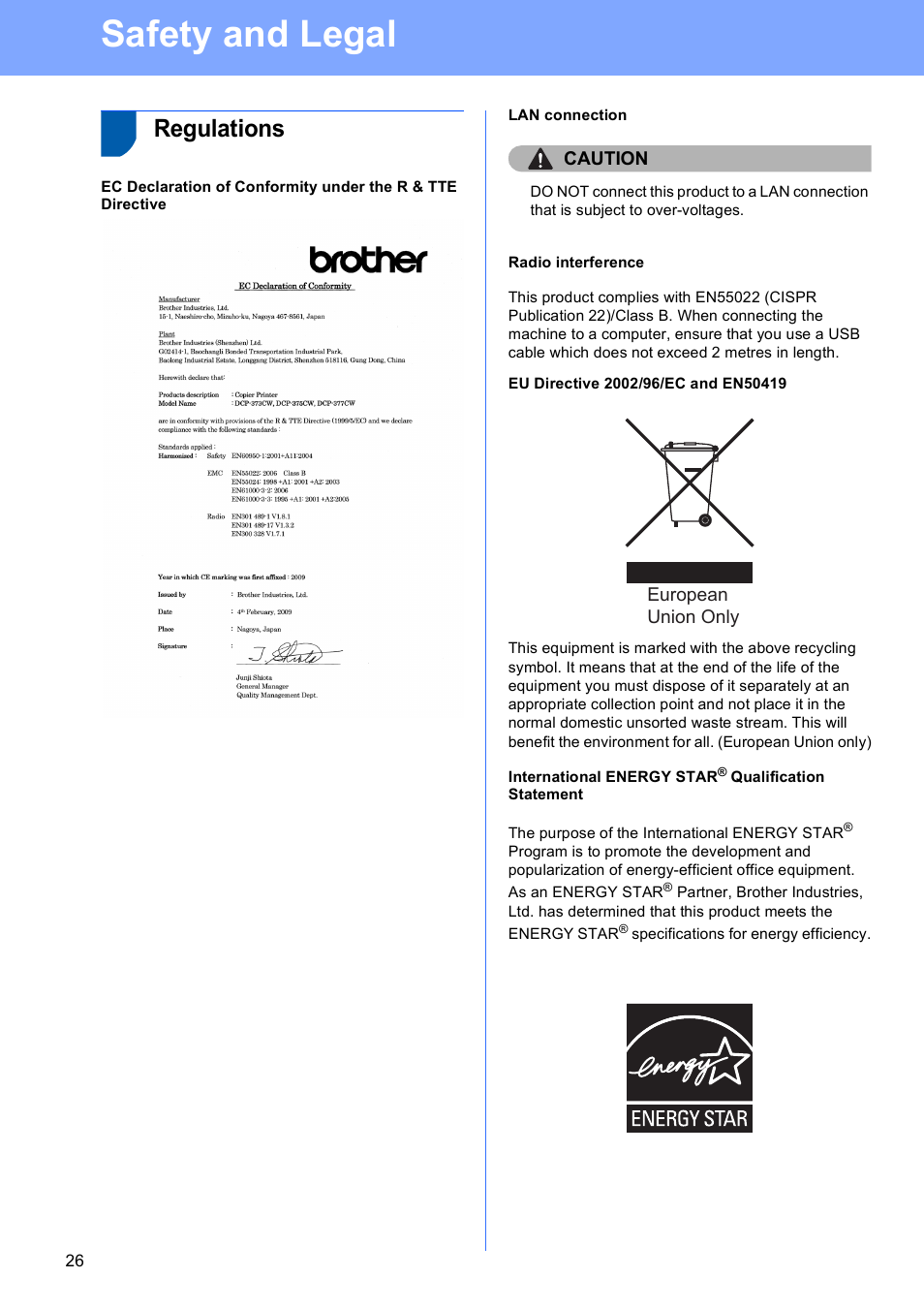 Regulations, Lan connection, Radio interference | Eu directive 2002/96/ec and en50419, International energy star® qualification statement, Safety and legal | Brother DCP-377CW User Manual | Page 26 / 28