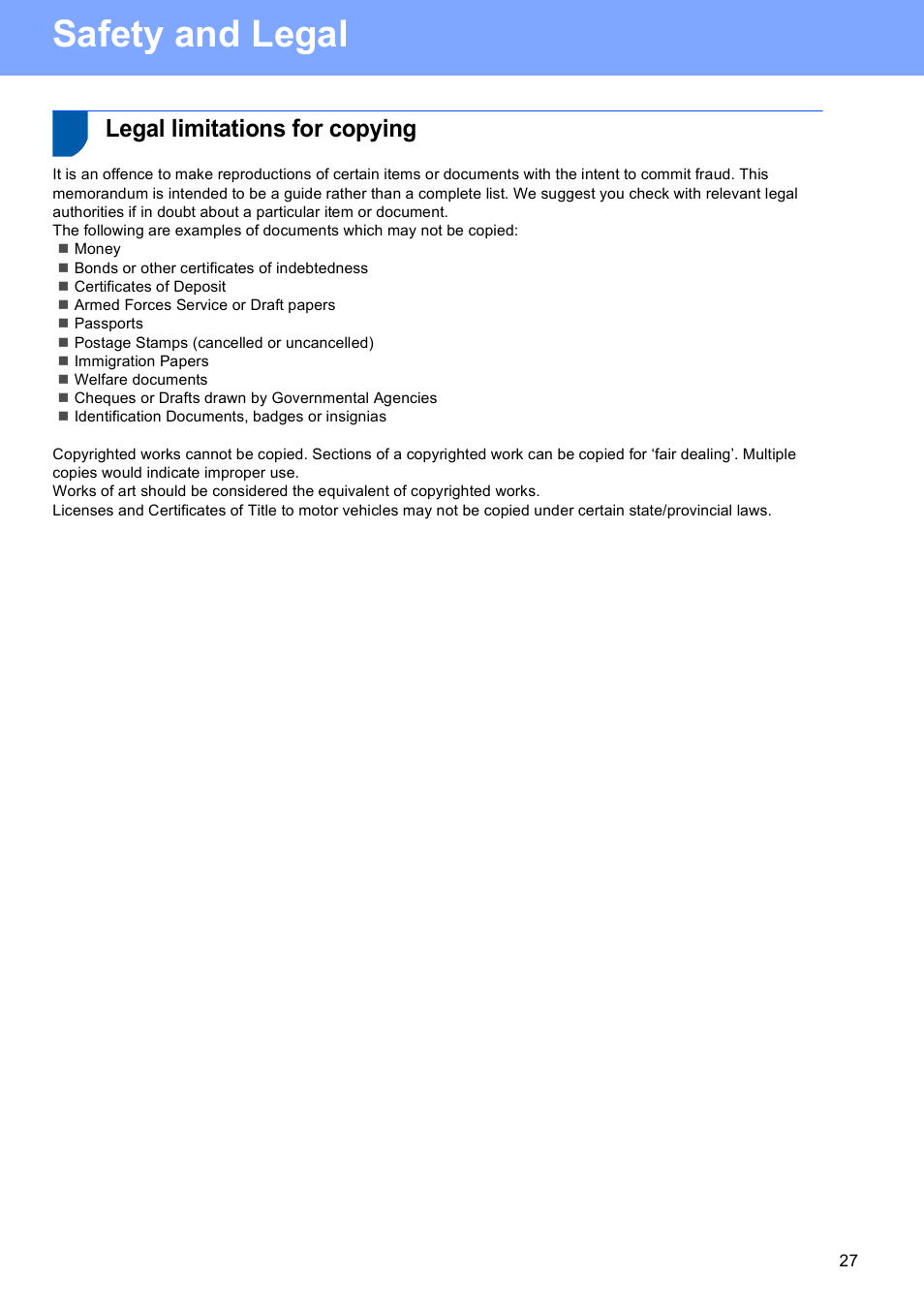 Legal limitations for copying, Safety and legal | Brother DCP-377CW User Manual | Page 27 / 28