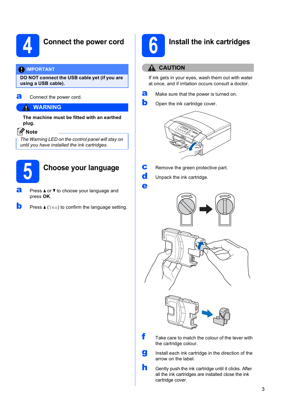4 connect the power cord, 5 choose your language, 6 install the ink cartridges | Brother DCP-377CW User Manual | Page 3 / 28