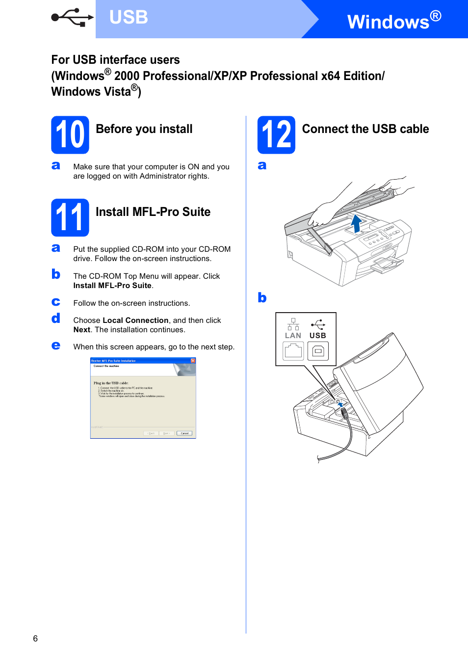 10 before you install, 11 install mfl-pro suite, 12 connect the usb cable | Windows | Brother DCP-377CW User Manual | Page 6 / 28