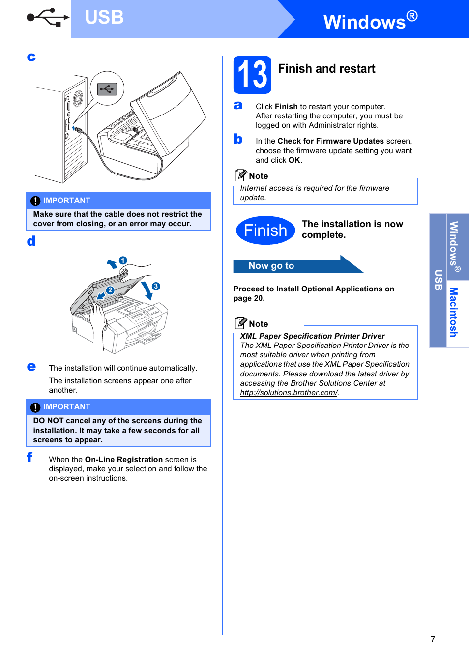 13 finish and restart, Windows, Finish | Cd e | Brother DCP-377CW User Manual | Page 7 / 28