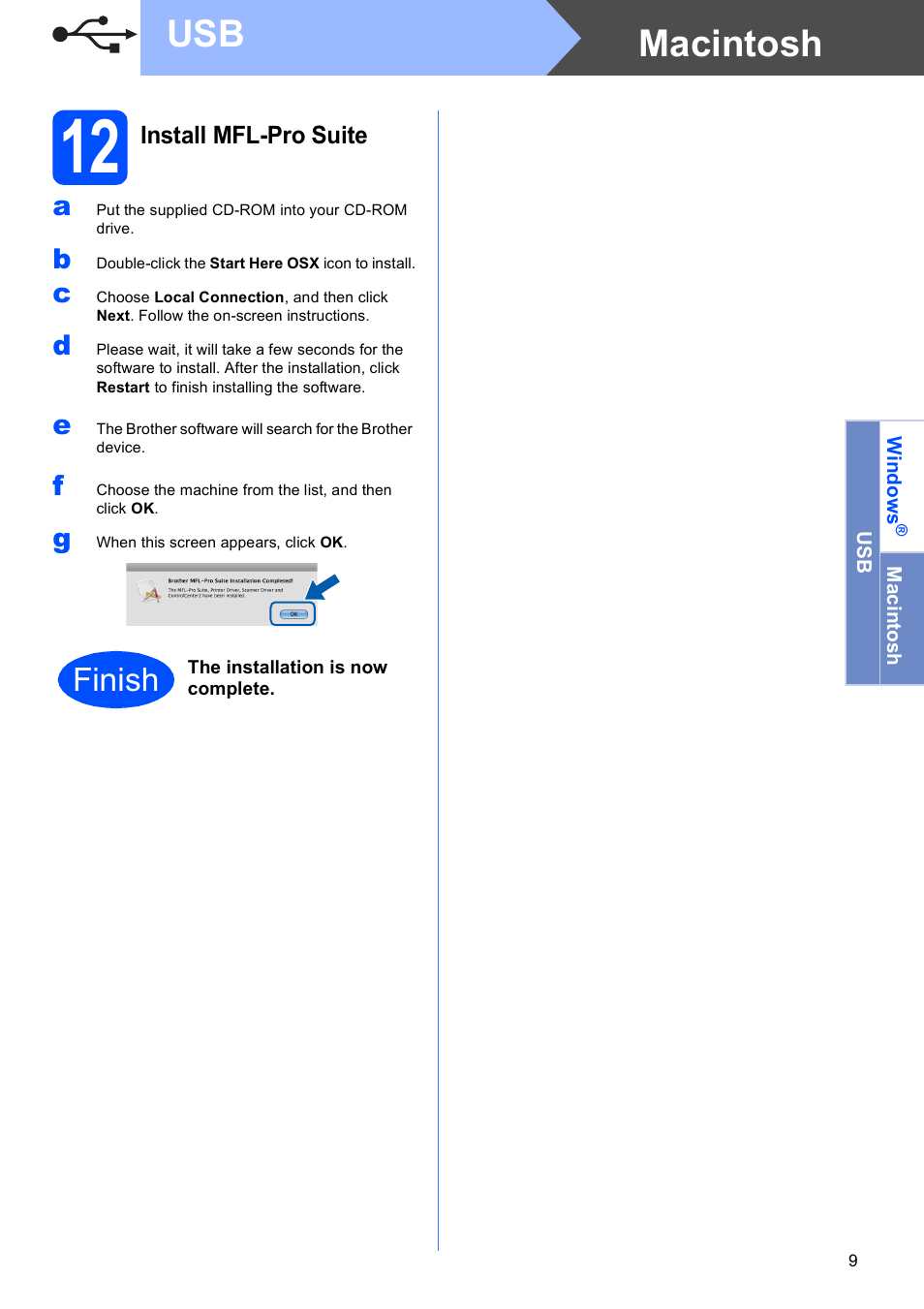 12 install mfl-pro suite, Macintosh usb, Finish | Brother DCP-377CW User Manual | Page 9 / 28