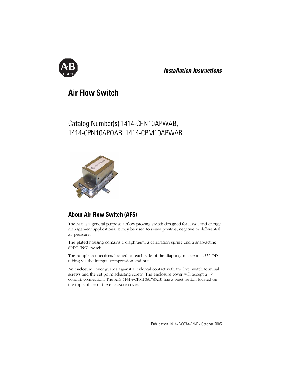 Rockwell Automation 1414-CPNxxxxx_CPMxxxxx Air Flow Switch User Manual | 8 pages