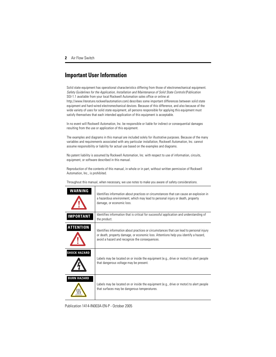 Important user information | Rockwell Automation 1414-CPNxxxxx_CPMxxxxx Air Flow Switch User Manual | Page 2 / 8