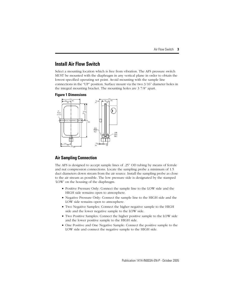 Install air flow switch, Air sampling connection | Rockwell Automation 1414-CPNxxxxx_CPMxxxxx Air Flow Switch User Manual | Page 3 / 8