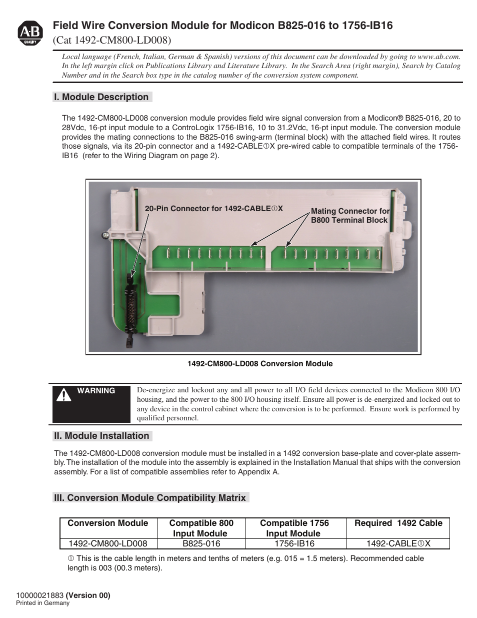Rockwell Automation 1492-CM800-LD008 Field Wire Conv. Module for Modicon B825-016 to 1756-IB16 User Manual | 4 pages