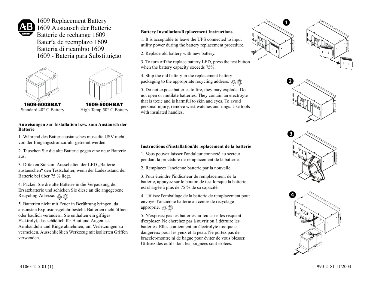 Rockwell Automation 1609-500SBAT_500HBAT Uninterruptible Power Supply Replacement Battery User Manual | 2 pages