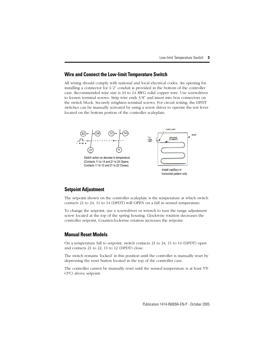 Setpoint adjustment, Manual reset models, Wire and connect the low-limit temperature switch | Rockwell Automation 1414-CLMxxxxx_CLNxxxxx Low-limit Temperature Switch User Manual | Page 3 / 4