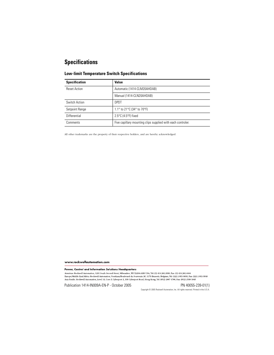 Specifications, Back cover | Rockwell Automation 1414-CLMxxxxx_CLNxxxxx Low-limit Temperature Switch User Manual | Page 4 / 4