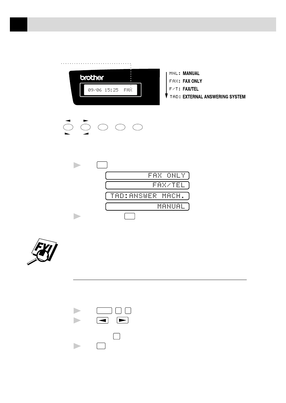 To select or change your answer mode, Setting ring delay, Fax only fax/tel tad:answer mach. manual | Brother FAX 255 User Manual | Page 44 / 95