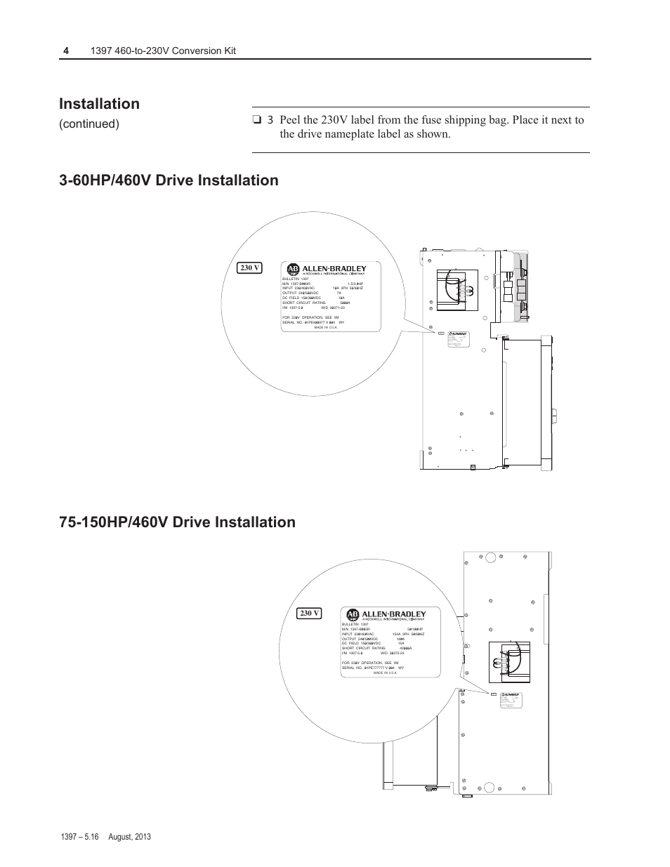 Installation | Rockwell Automation 1397 460 to 230V Conversion Kit - FC030-075 User Manual | Page 4 / 8