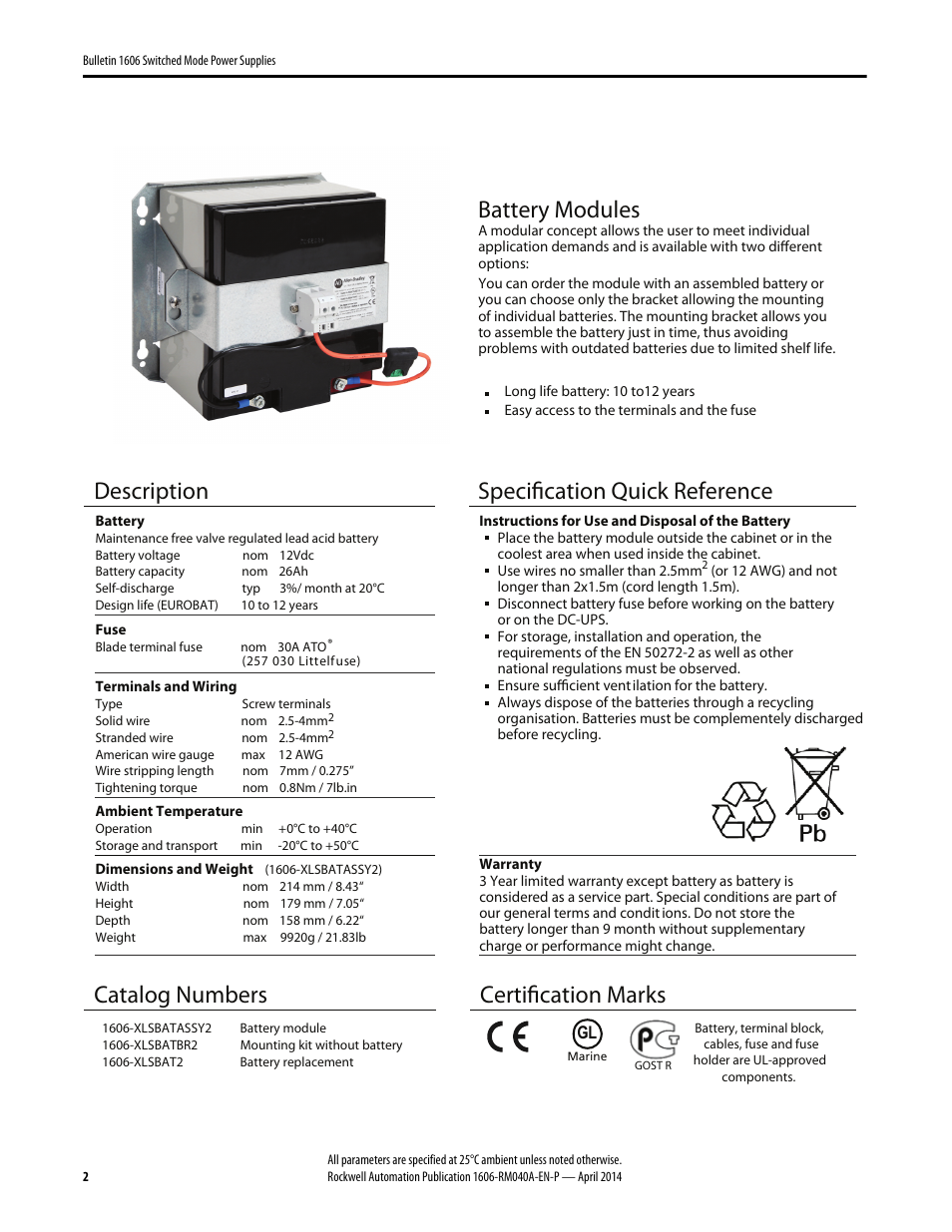 Battery modules, Description, Specification quick reference | Catalog numbers, Certification marks | Rockwell Automation 1606XLSBATBR2 Power Supply Reference Manual User Manual | Page 2 / 6