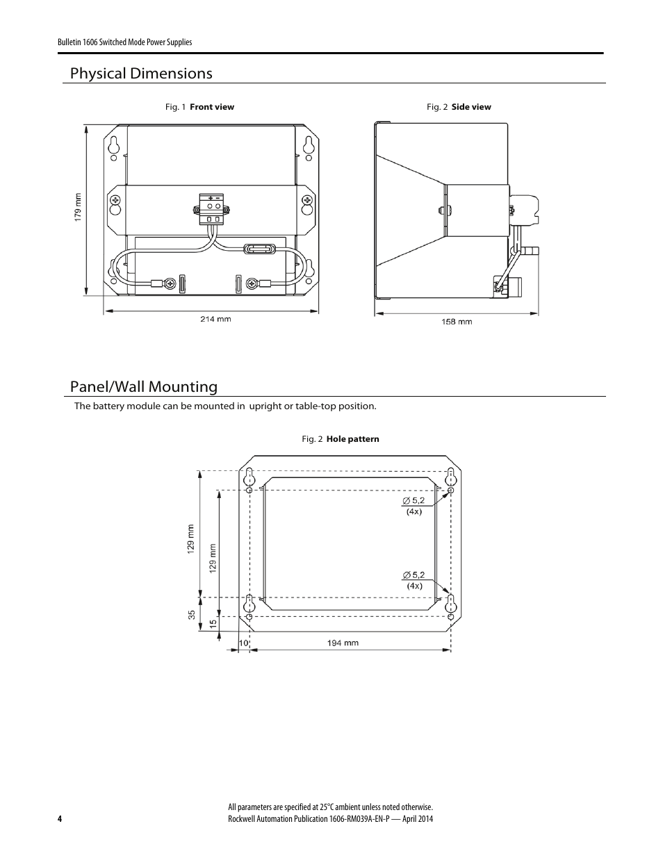 Physical dimensions, Panel/wall mounting | Rockwell Automation 1606XLSBATBR2 Power Supply Reference Manual User Manual | Page 4 / 6
