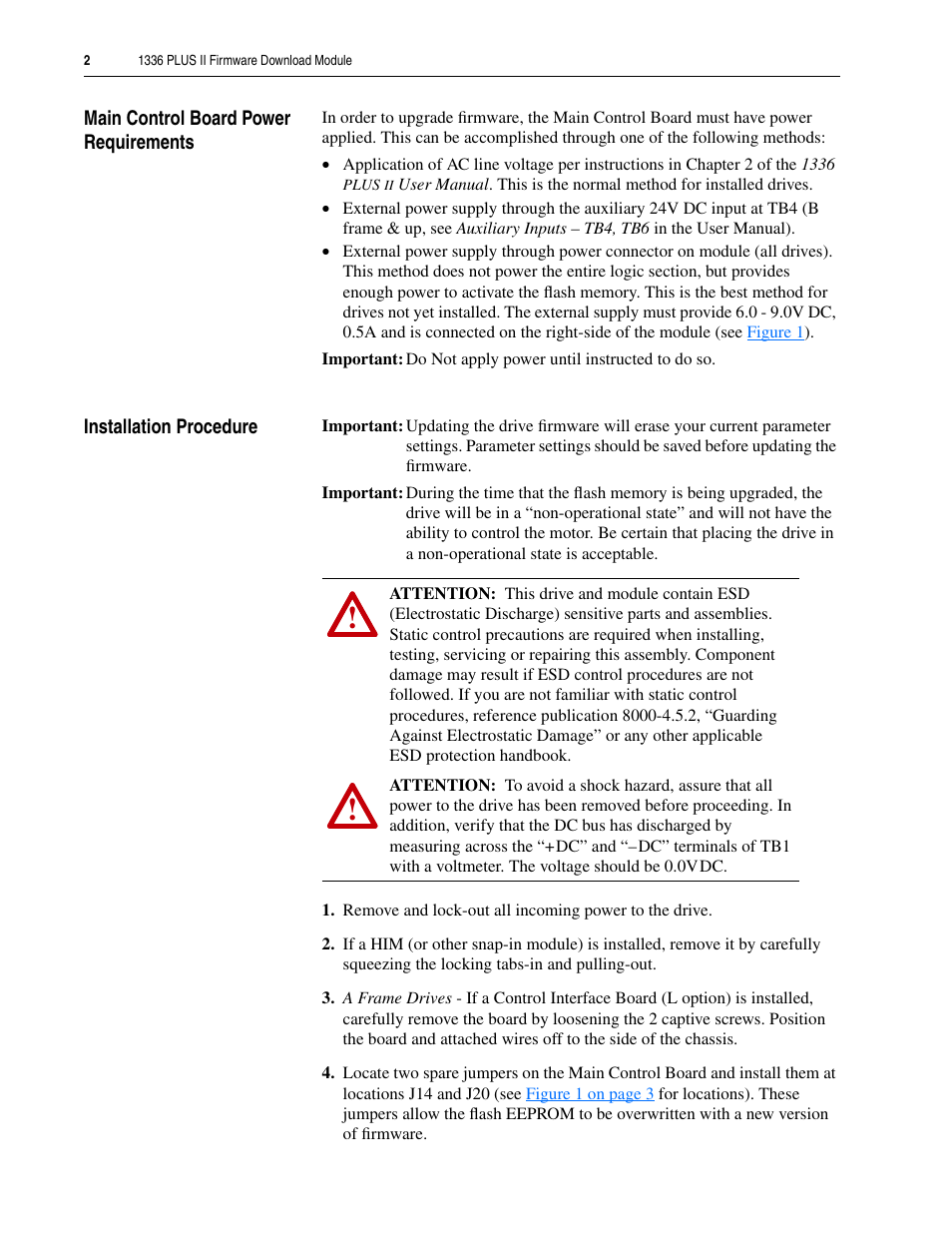 Main control board power requirements, Installation procedure | Rockwell Automation 1336F PLUS II Firmware Download Module Inst. User Manual | Page 2 / 12