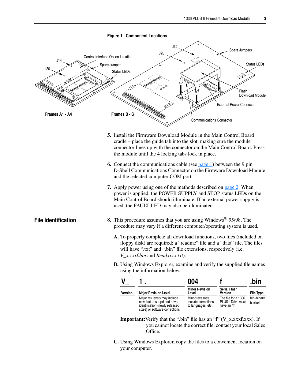 File identification, V_ 1 . 004 f .bin, This procedure assumes that you are using windows | Figure 1 component locations, Frames a1 - a4 frames b - g | Rockwell Automation 1336F PLUS II Firmware Download Module Inst. User Manual | Page 3 / 12