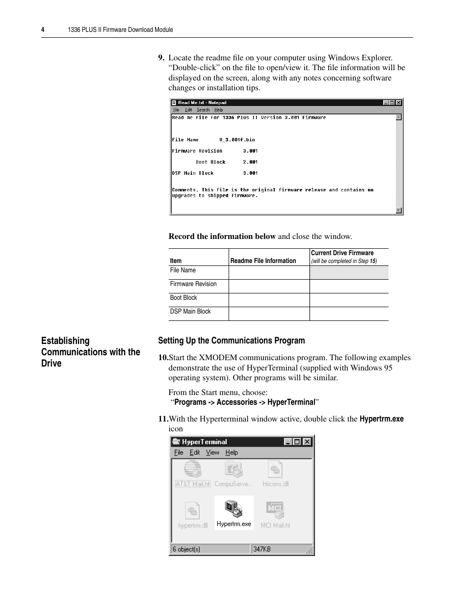 Establishing communications with the drive, Setting up the communications program | Rockwell Automation 1336F PLUS II Firmware Download Module Inst. User Manual | Page 4 / 12