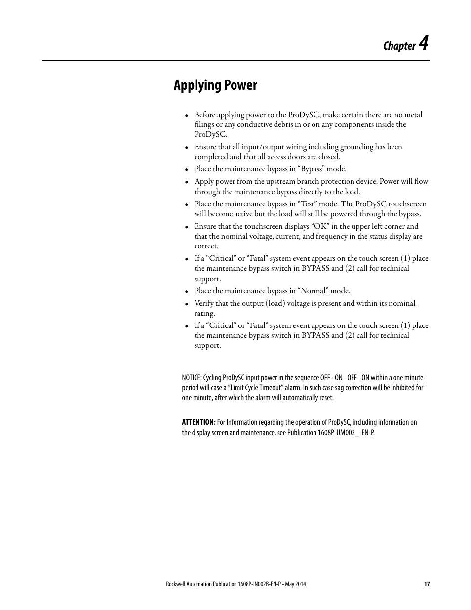 Applying power, Chapter | Rockwell Automation 1608P ProDySC User Manual, 100/110 A User Manual | Page 17 / 23