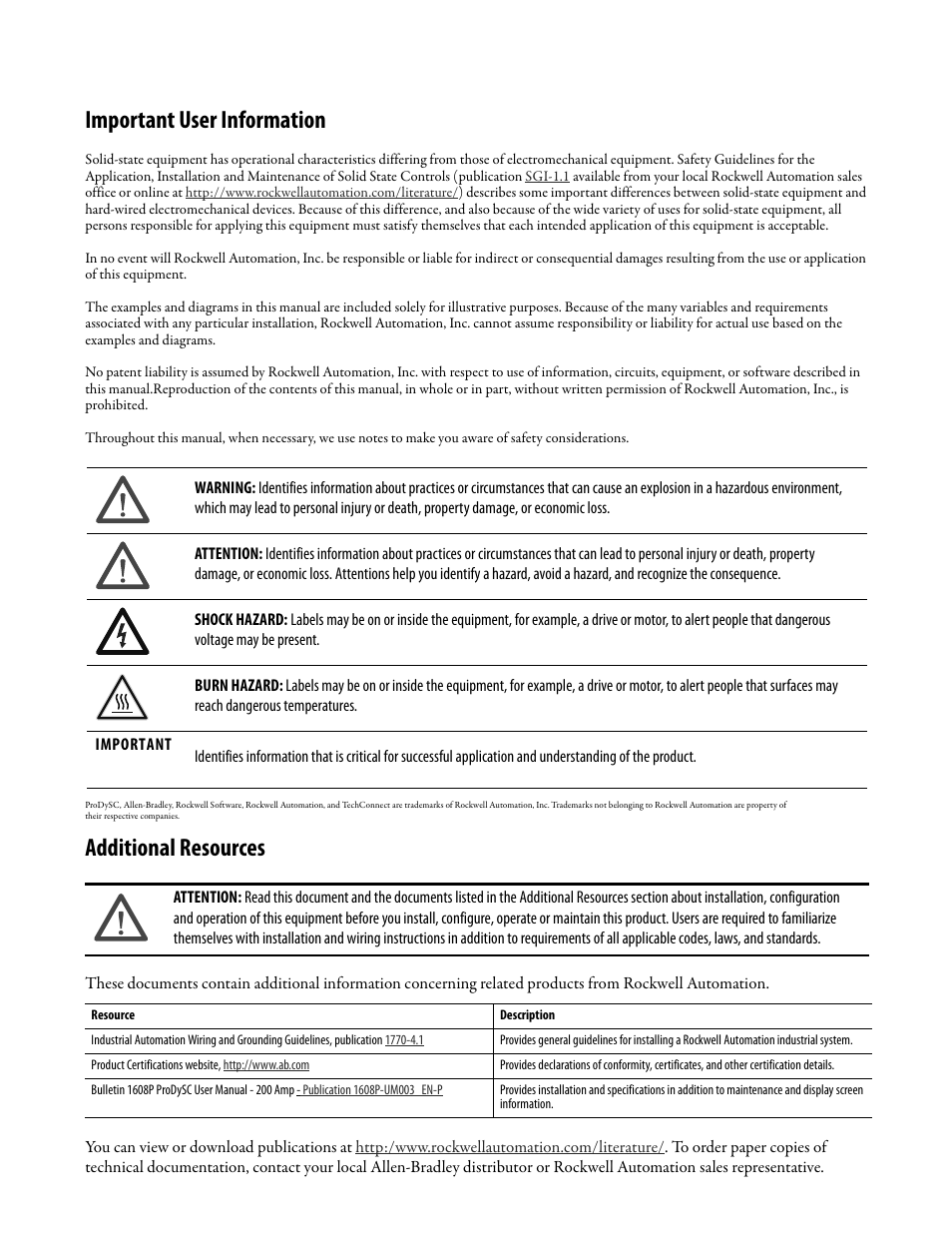 Important user information, Additional resources | Rockwell Automation 1608P ProDySC User Manual, 100/110 A User Manual | Page 2 / 23