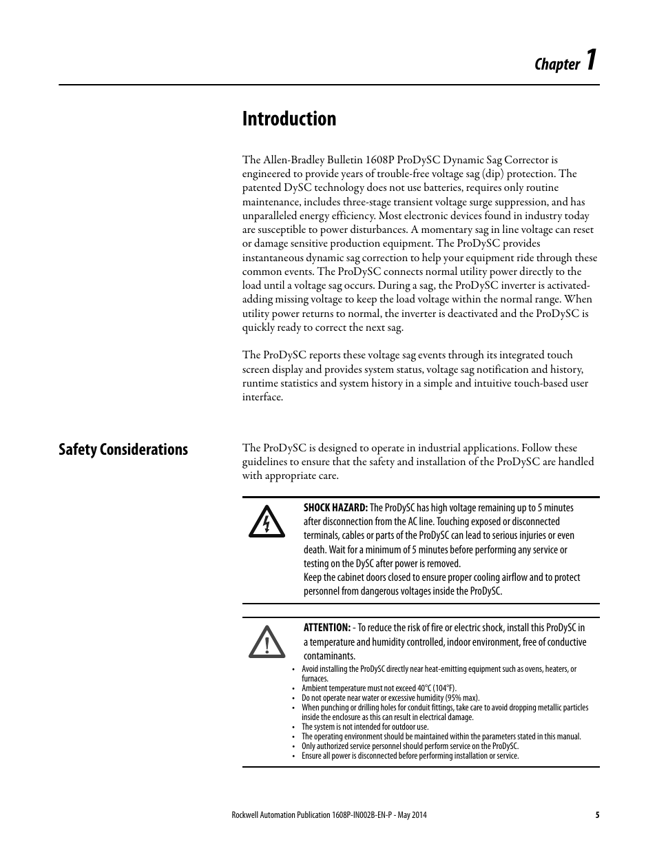 Introduction, Chapter, Safety considerations | Rockwell Automation 1608P ProDySC User Manual, 100/110 A User Manual | Page 5 / 23