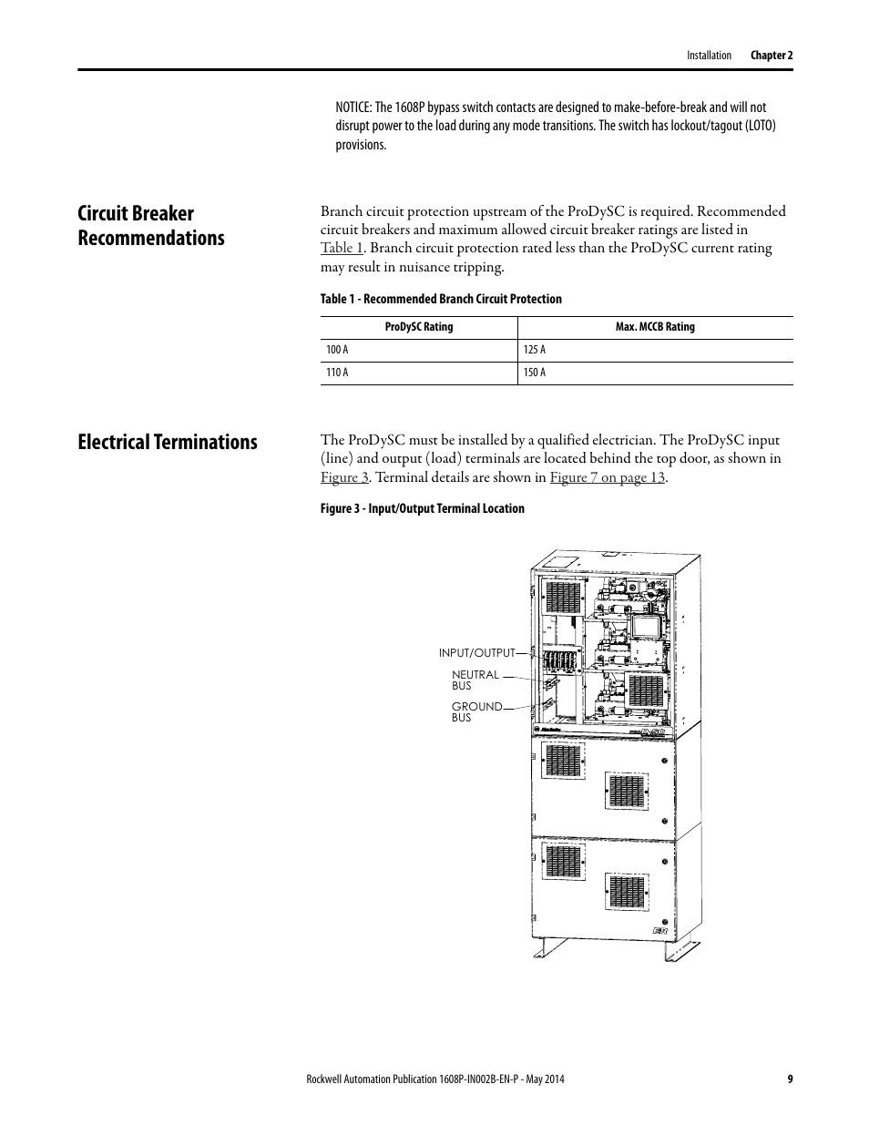 Circuit breaker recommendations, Electrical terminations | Rockwell Automation 1608P ProDySC User Manual, 100/110 A User Manual | Page 9 / 23
