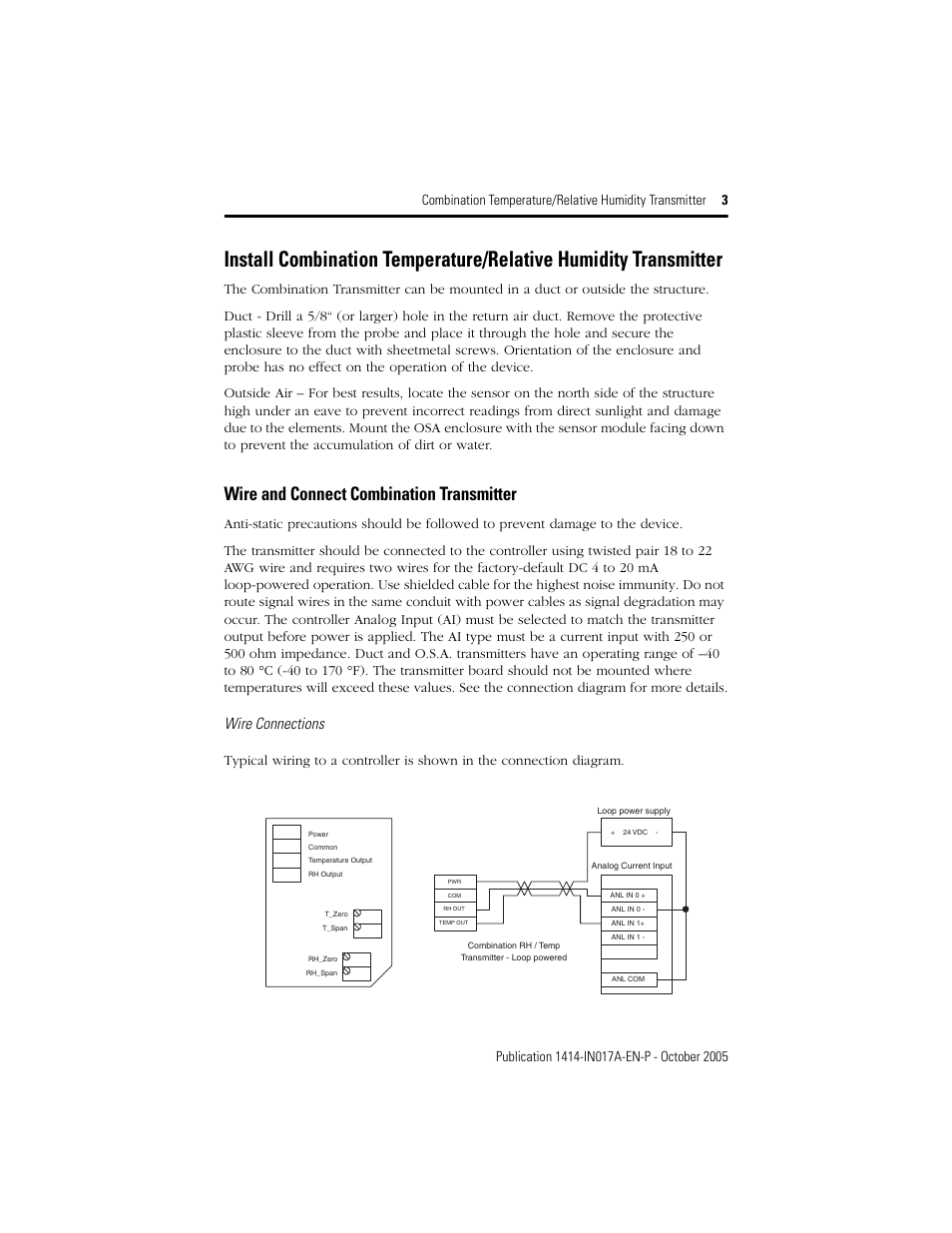Wire and connect combination transmitter, Wire connections | Rockwell Automation 1414-ISZxxxxx_CRZxxxxx Combination Temperature/Relative Humidity User Manual | Page 3 / 4
