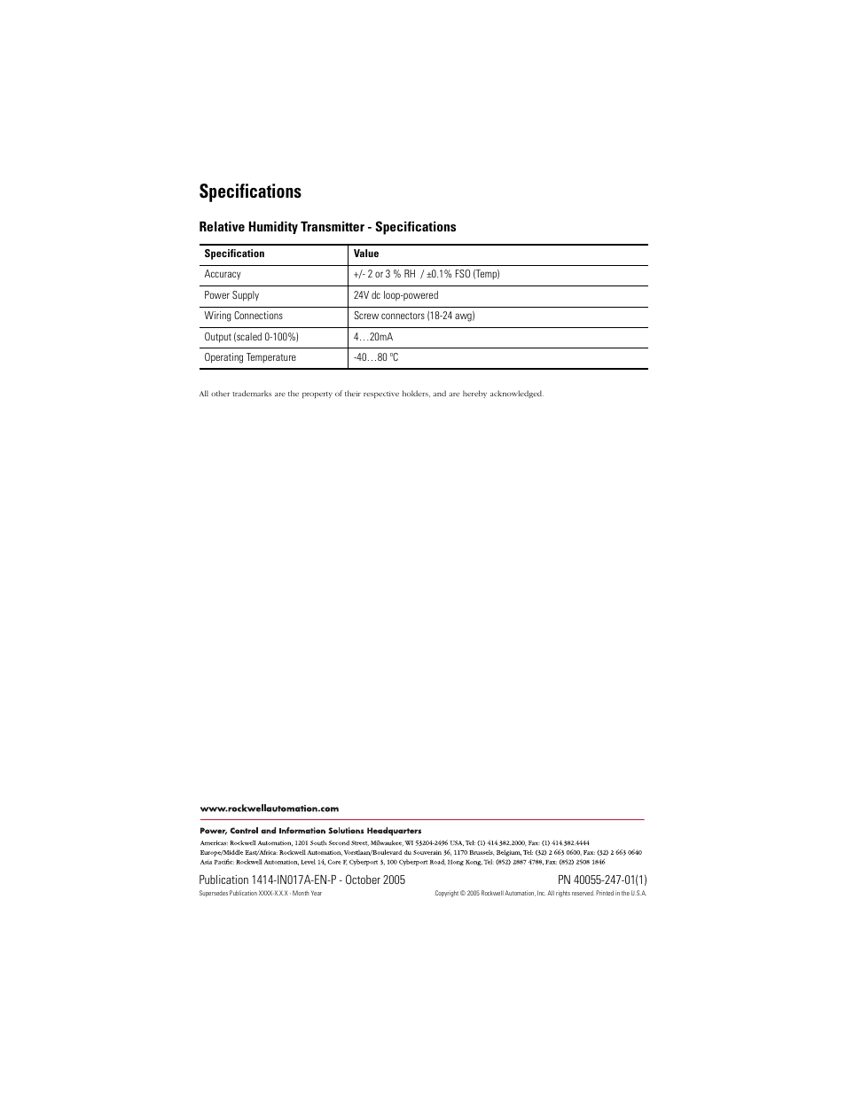 Specifications, Back cover | Rockwell Automation 1414-ISZxxxxx_CRZxxxxx Combination Temperature/Relative Humidity User Manual | Page 4 / 4