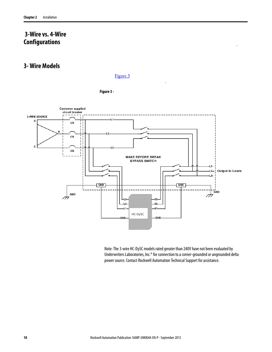 Wire vs. 4-wire configurations, Wire models, Figure 3 - hc-dysc 3-wire configuration | Wire vs. 4-wire configurations 3- wire models | Rockwell Automation 1608 HC-DySC User Manual, 200 A User Manual | Page 10 / 40