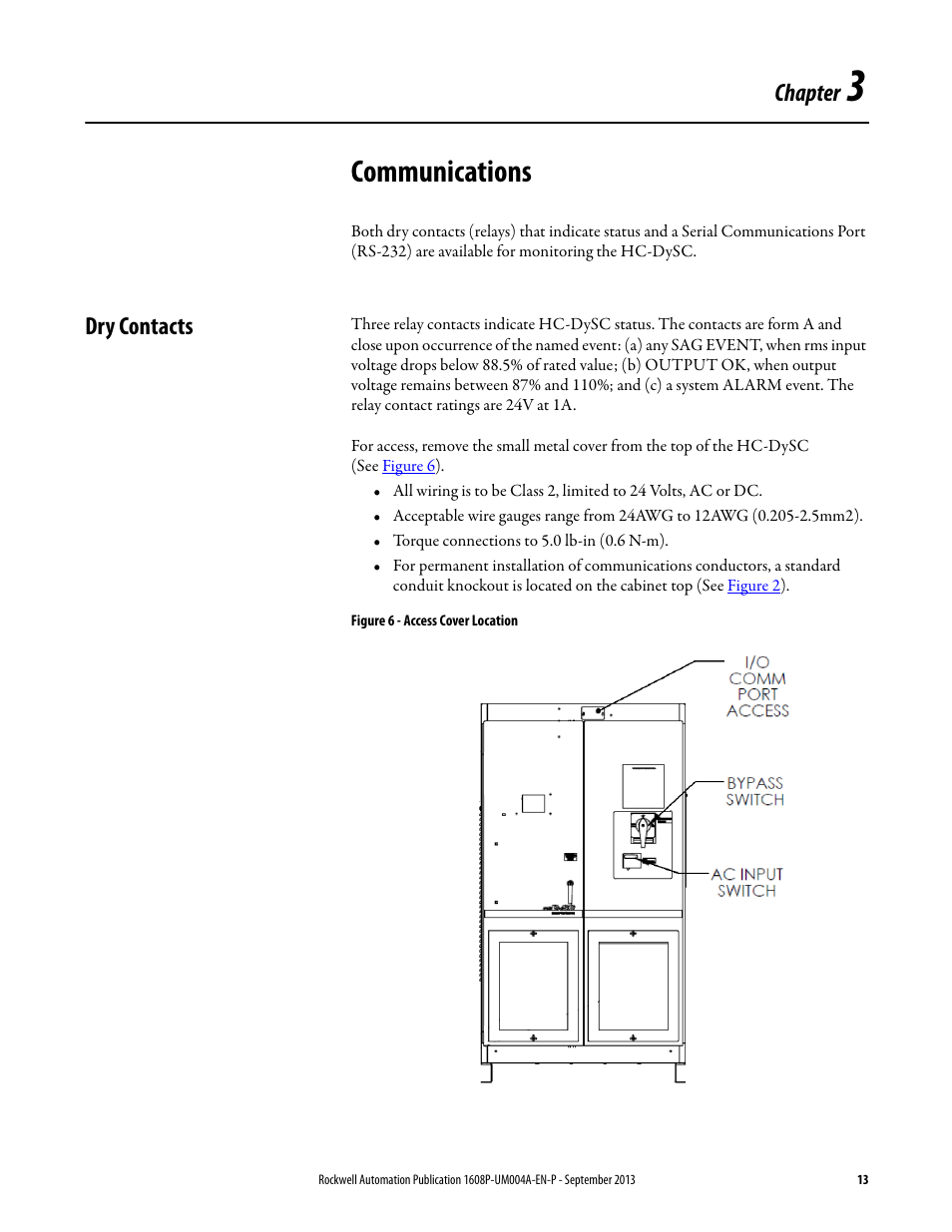 Chapter 3, Communications, Dry contacts | Figure 6 - access cover location, Ch 3 - communications, Chapter | Rockwell Automation 1608 HC-DySC User Manual, 200 A User Manual | Page 13 / 40