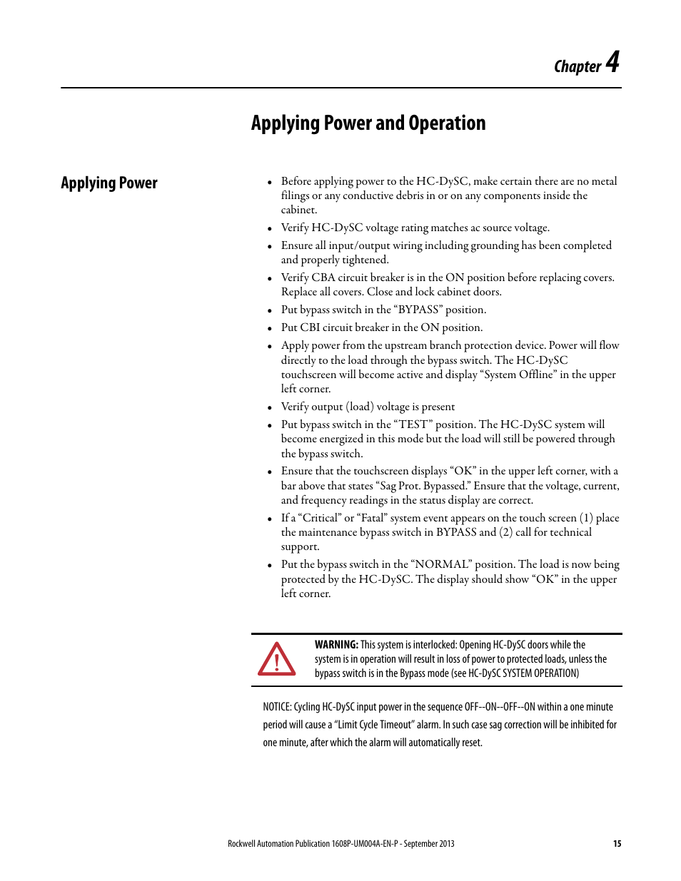 Chapter 4, Applying power and operation, Applying power | Ch 4 - applying power and operation, Chapter | Rockwell Automation 1608 HC-DySC User Manual, 200 A User Manual | Page 15 / 40