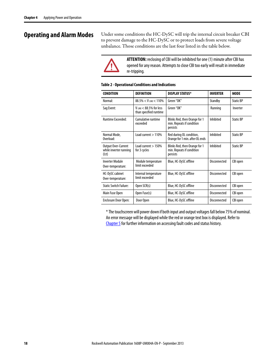 Operating and alarm modes, Table 2 - operational conditions and indications | Rockwell Automation 1608 HC-DySC User Manual, 200 A User Manual | Page 18 / 40