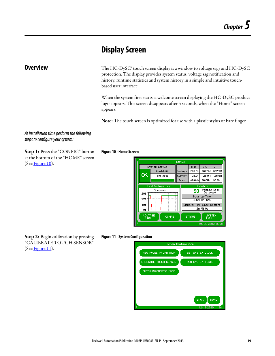 Chapter 5, Display screen, Overview | Figure 10 - home screen, Figure 11 - system configuration, Ch 5 - display screen, Chapter | Rockwell Automation 1608 HC-DySC User Manual, 200 A User Manual | Page 19 / 40