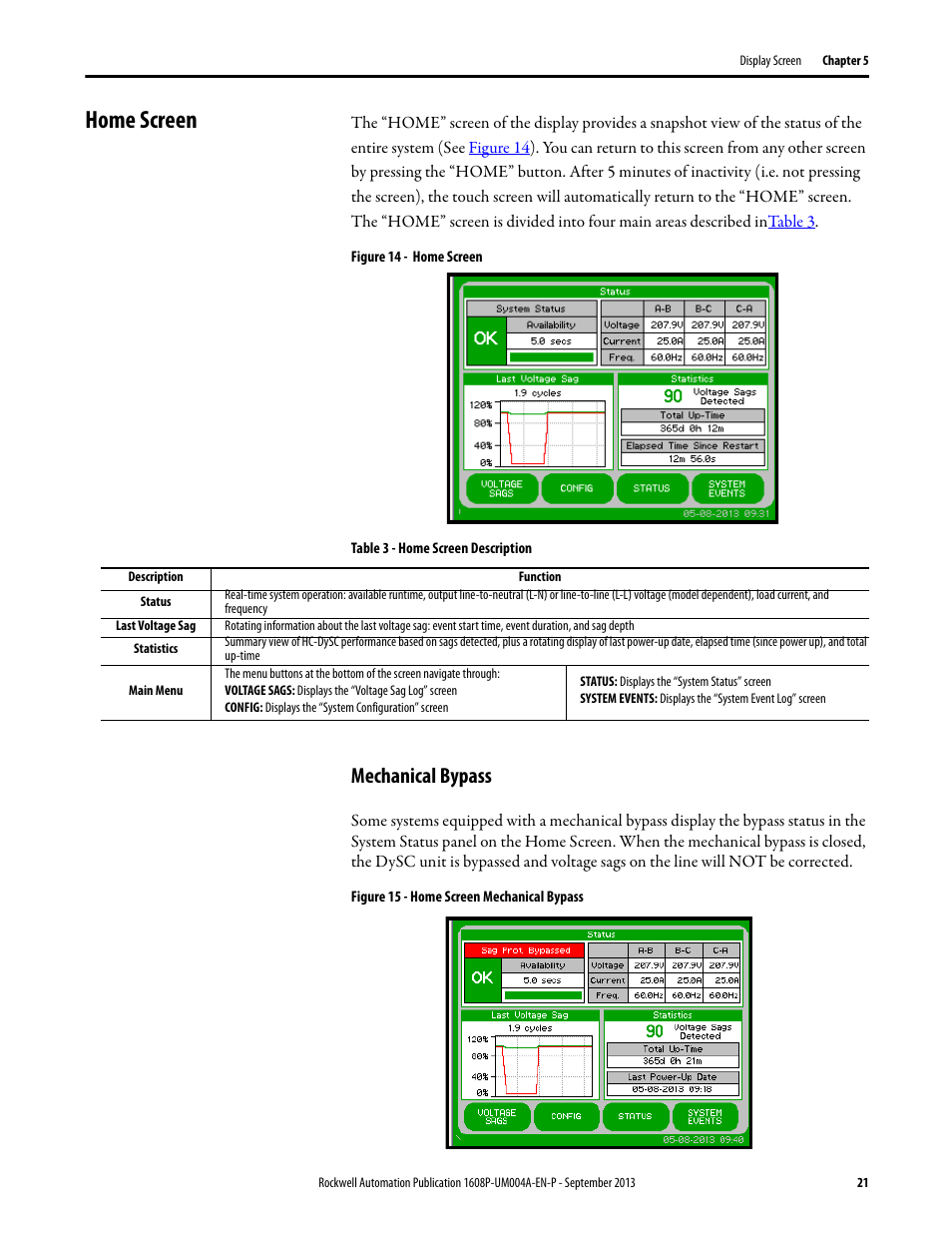 Home screen, Figure 14 - home screen, Table 3 - home screen description | Mechanical bypass, Figure 15 - home screen mechanical bypass | Rockwell Automation 1608 HC-DySC User Manual, 200 A User Manual | Page 21 / 40